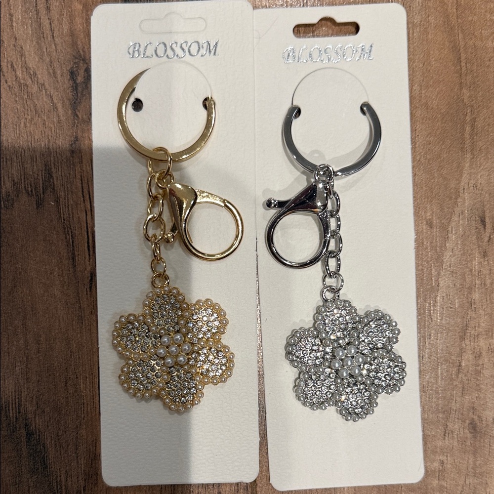 Blossom Gold and Silver Flower Crystal Keychain Set Bag Charm
